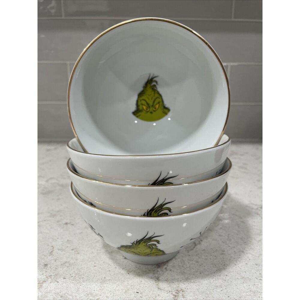 Set of 4 GRINCH FACE & SNOWFLAKES 5.5” Bowls Gold Rim Christmas Ceramic NEW